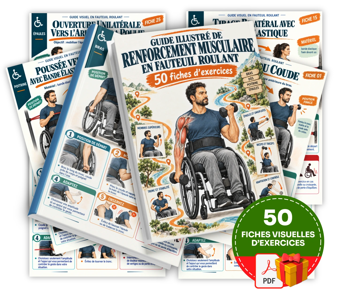 50 fiches visuelles d’exercices pour découvrir le renforcement du haut du corps en fauteuil roulant.